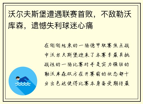 沃尔夫斯堡遭遇联赛首败，不敌勒沃库森，遗憾失利球迷心痛