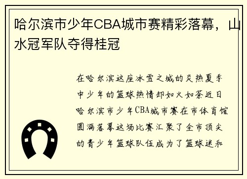 哈尔滨市少年CBA城市赛精彩落幕，山水冠军队夺得桂冠