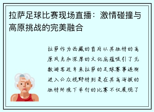 拉萨足球比赛现场直播：激情碰撞与高原挑战的完美融合